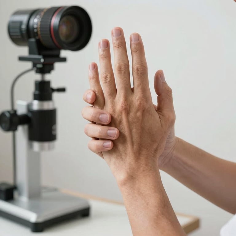 Detailed view of a physiotherapist's hands demonstrating a wrist exercise in front of a high-definition webcam.