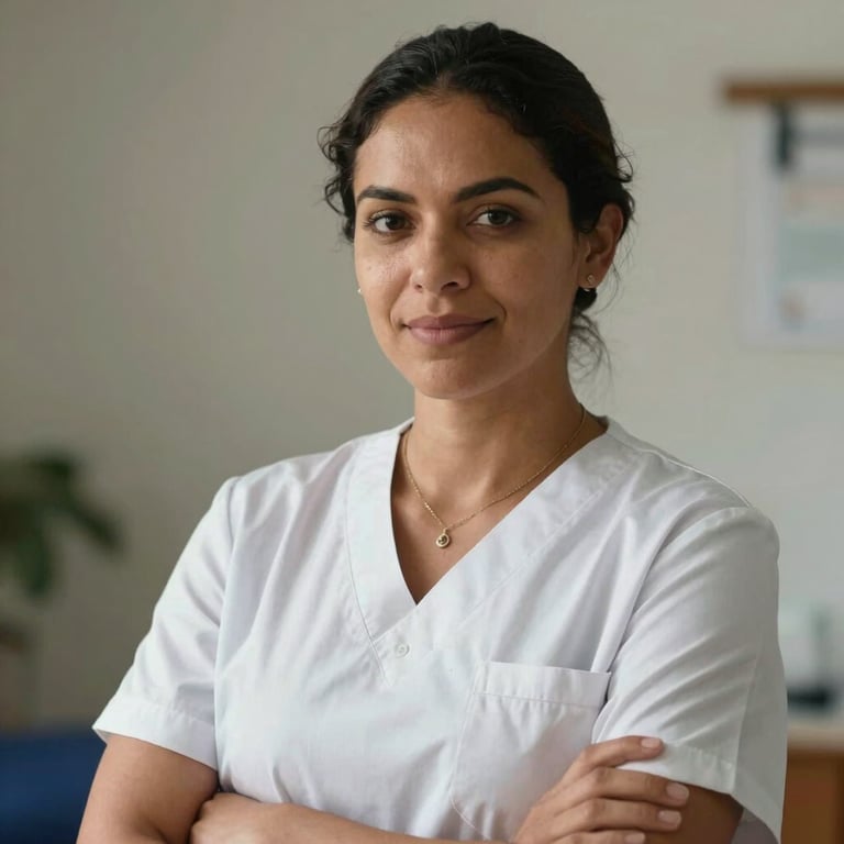 Portrait of a confident South American / Brazilian physiotherapist in professional attire, looking warm and trustworthy.