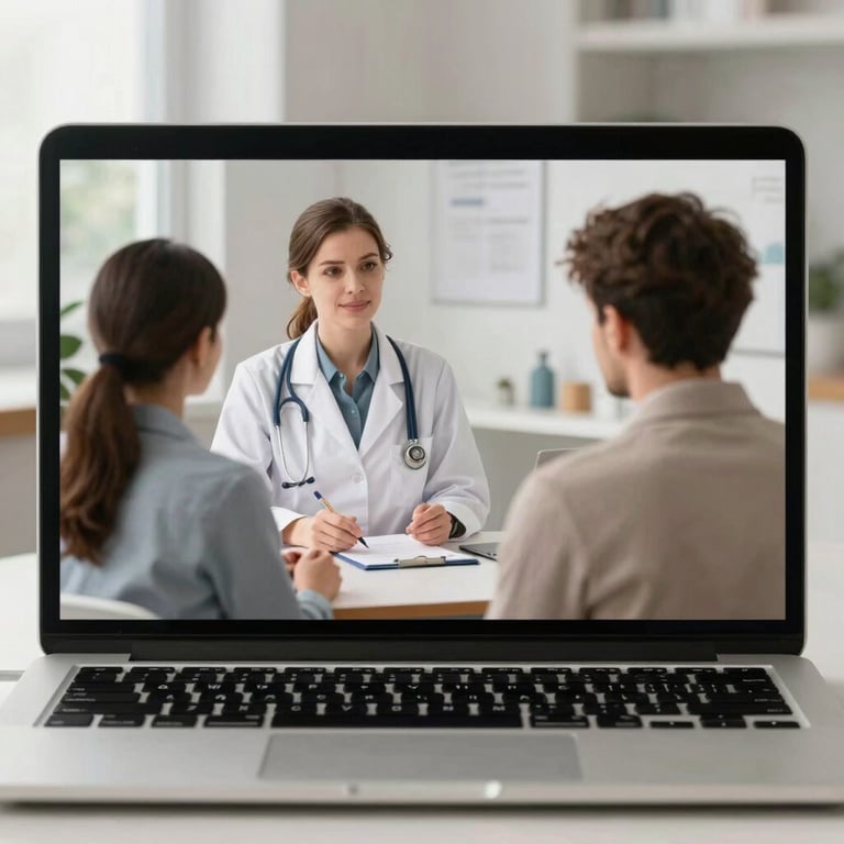 A laptop screen showing a split view of a professional therapist and a patient during a successful recovery session.