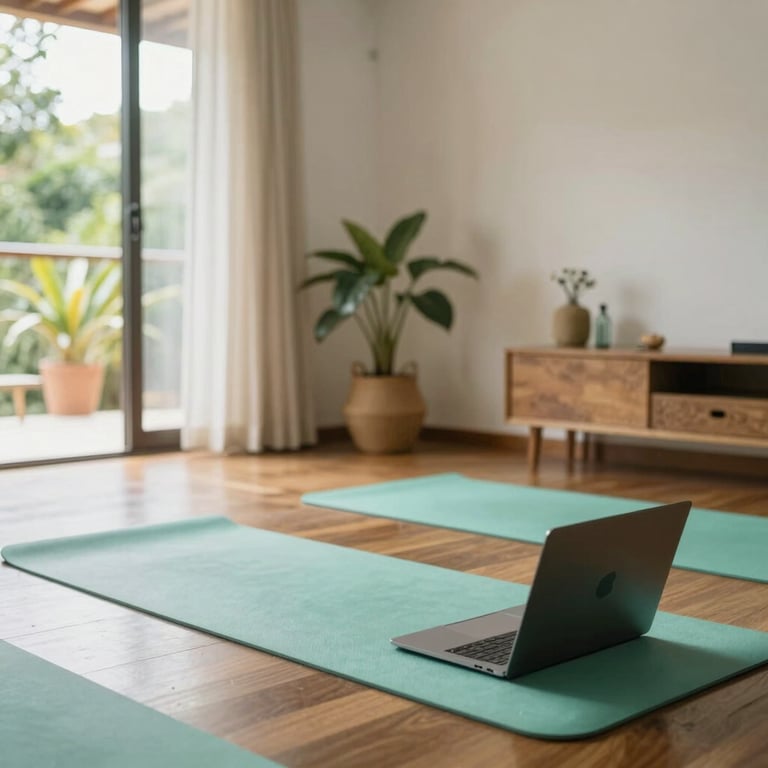 Bright, airy South American home interior with yoga mats and light green accents, prepared for a remote health session.