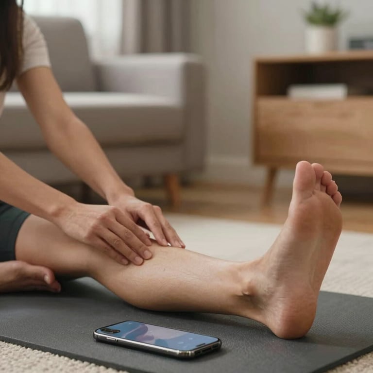 A patient in a Brazilian living room performing a guided leg stretch while following instructions on a smartphone screen.