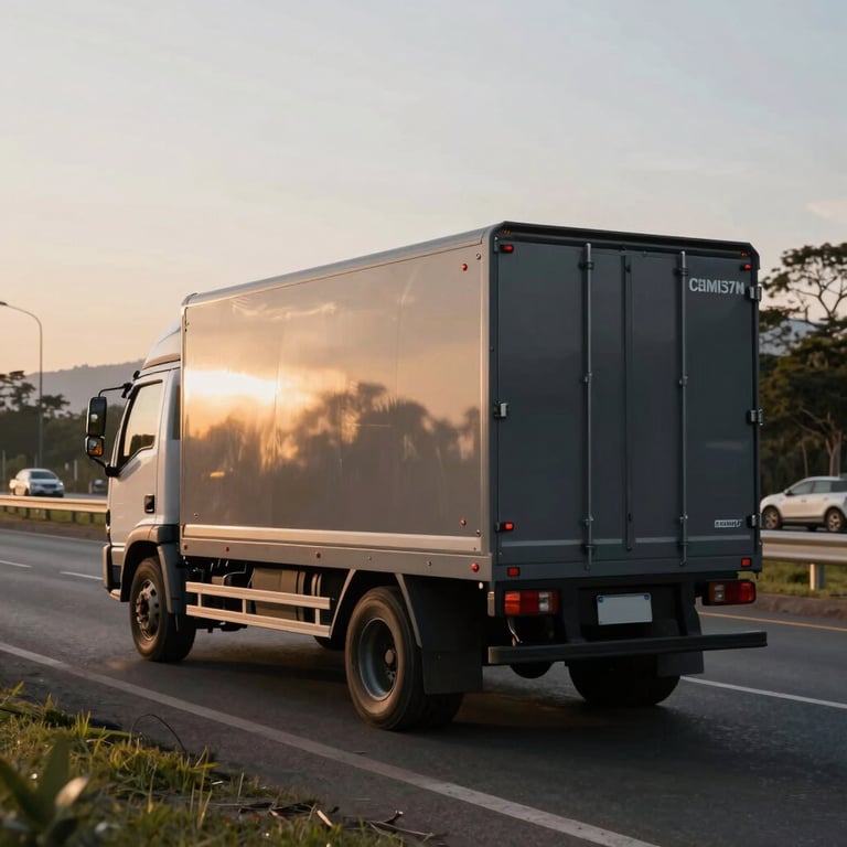 Cami37n de carga moderno circulando por una carretera principal en Latinoam37rica durante el amanecer.