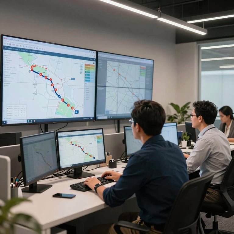 Un equipo de profesionales log37sticos en una oficina moderna analizando rutas en pantallas digitales con est37tica limpia.