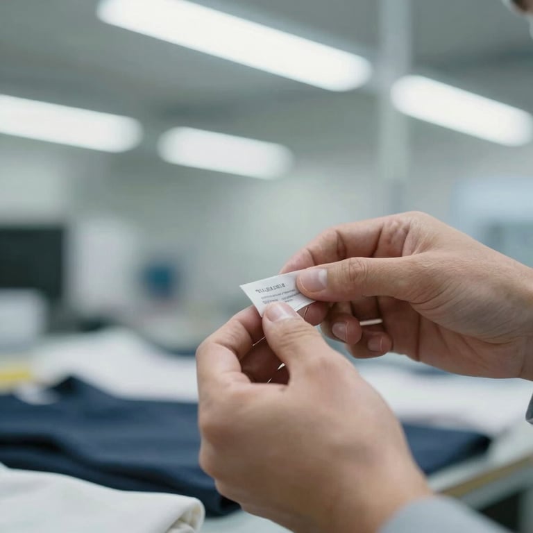 Hands of a professional checking a garment quality label in a bright, modern facility.