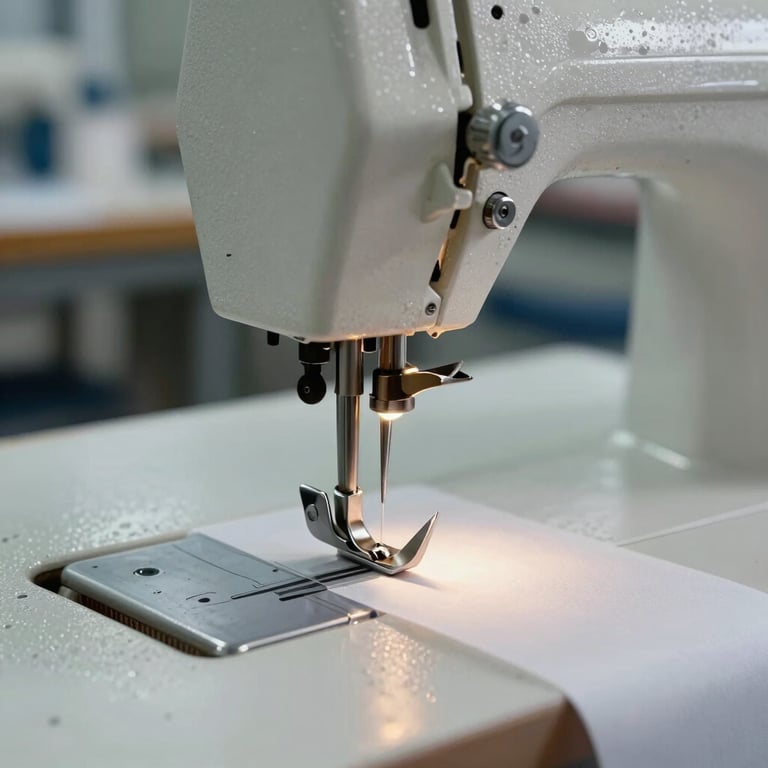 Detail of a sewing machine needle on a professional textile production line.