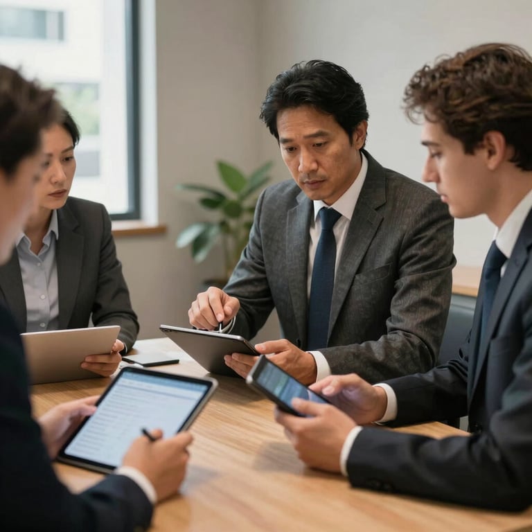 A business meeting in São Paulo between professionals discussing garment production over digital tablets.