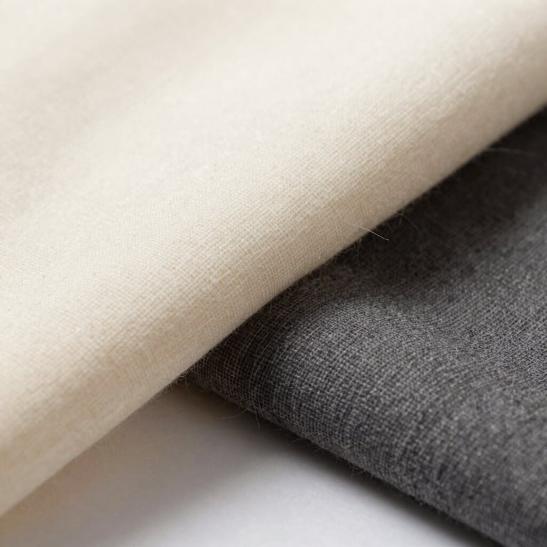 Macro photography of high-quality cotton fabric texture in off-white and charcoal colors.