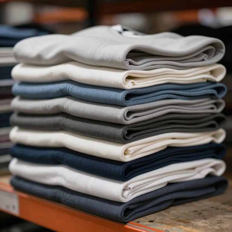 A stack of neatly folded premium textile garments in a warehouse setting.