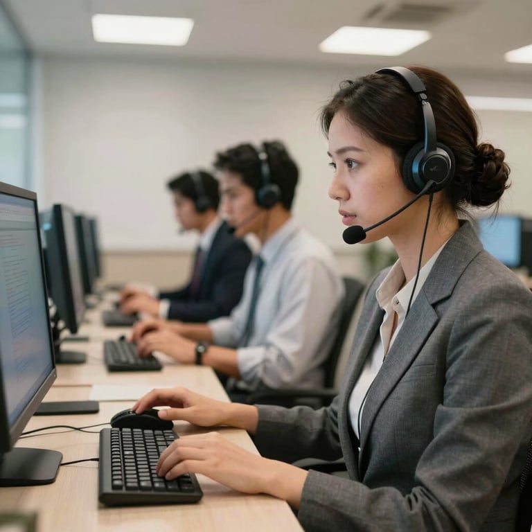 Interior of a modern Brazilian call center with sleek computers and professional headsets.