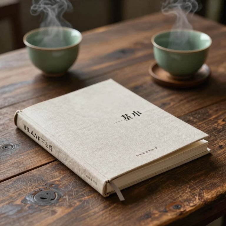 A linen-bound brand book resting on a rustic wooden table, steam rising from a nearby green ceramic cup, diffused side lighting.