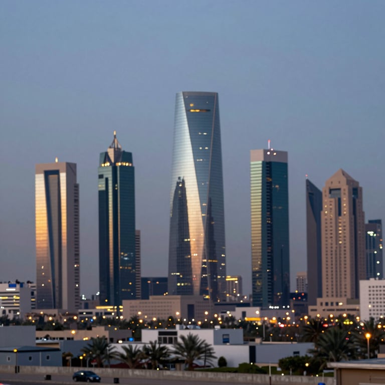 The Riyadh city skyline at dusk, showcasing modern architecture and the economic vitality of Saudi Arabia with a clean, sharp aesthetic.