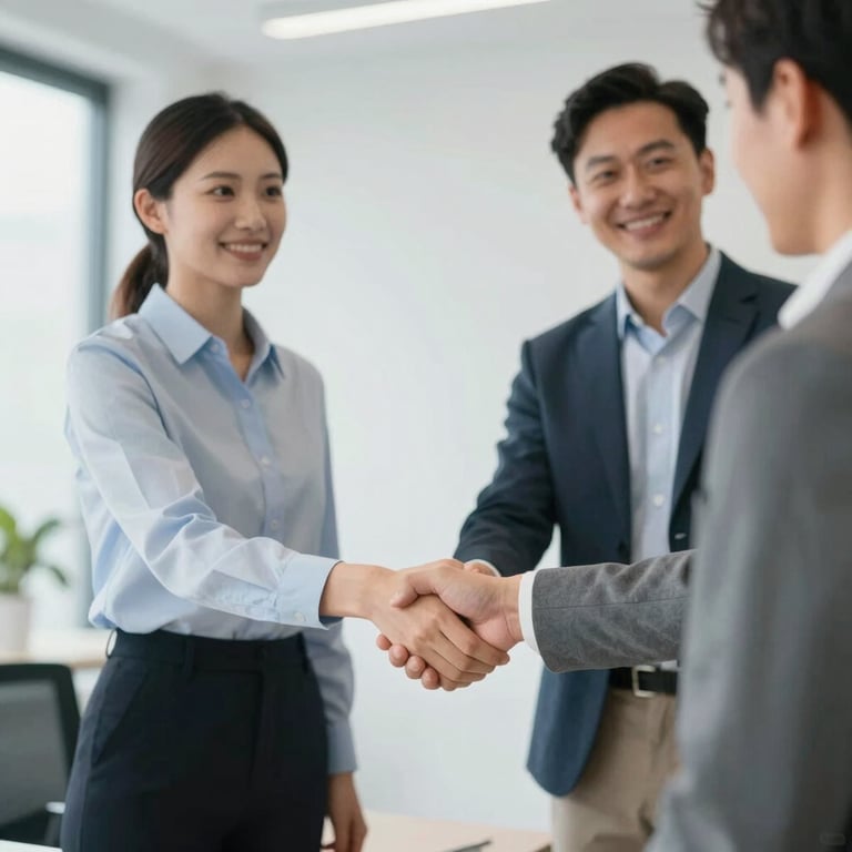 A professional consultant shaking hands with a client in a bright, modern office space, emphasizing a welcoming and trustworthy service.