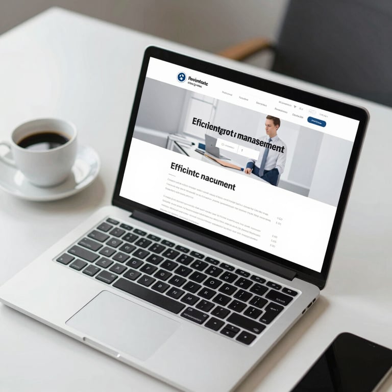 An overhead view of a clean desk with a laptop displaying a business portal and a cup of coffee, symbolizing efficient portal management.