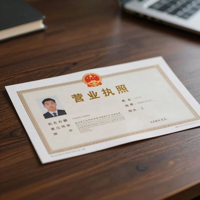 A focused shot of a gold-embossed business license on a dark wooden desk, lit to highlight quality and trust using #B8936F colors.