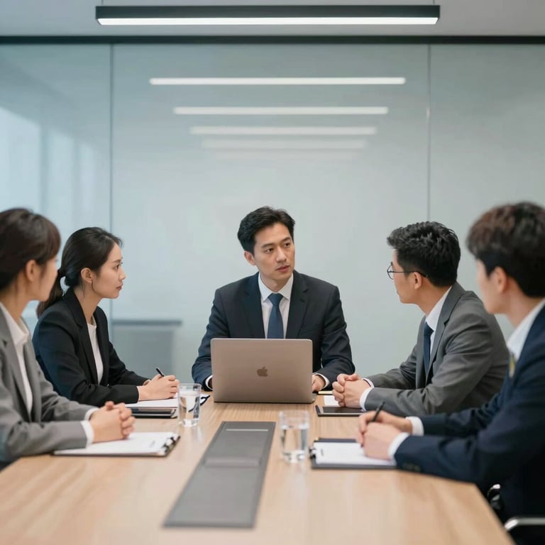 A high-tech conference room with professional individuals engaged in a business discussion, representing collaboration and expert consulting.