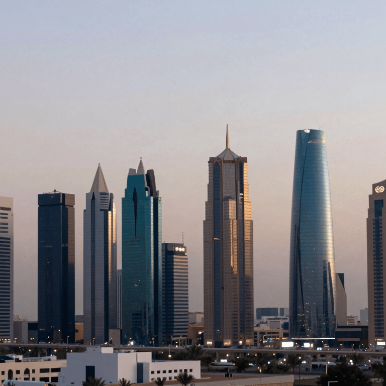 A wide-angle shot of a sophisticated corporate lobby in Riyadh, featuring clean lines and a professional atmosphere in shades of #F8F5EE and #1A202C.