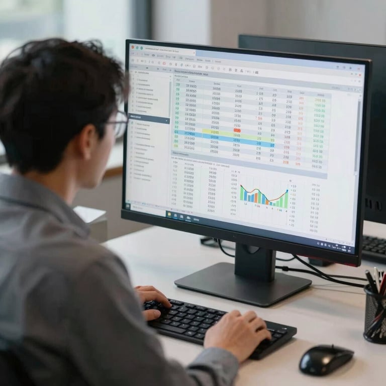 A professional analyst examining complex financial data on a large computer screen in a clean, sophisticated workspace.