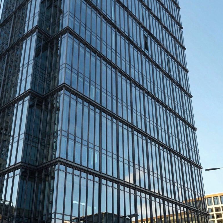 A modern glass office tower in a French business district reflecting a clear blue sky, professional architectural photography.