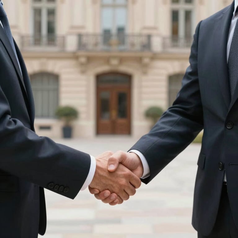 A firm handshake between two business partners in a bright Parisian office lobby, expressing trust and reliability.