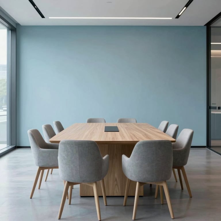 A minimalist meeting room with high-end furniture and pale blue accents, representing clarity and modern professionalism.