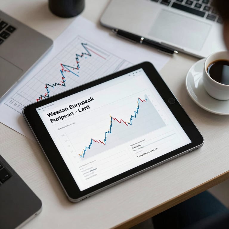 A top-down view of a designer table with a tablet, coffee, and financial charts, set in a Western European / French corporate environment.