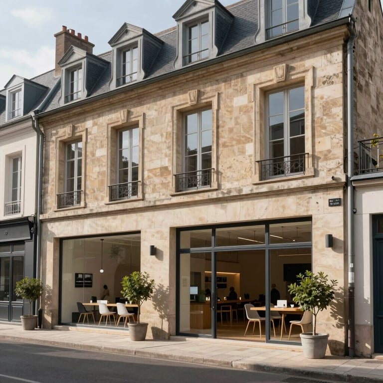 Exterior of a renovated historical French building housing a modern startup incubator, high-quality lighting.