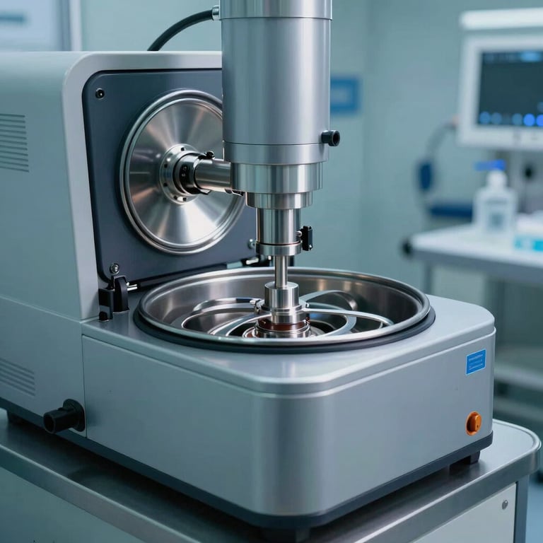 High-tech clinical centrifuge in operation within a modern medical facility, featuring professional steel blue lighting.