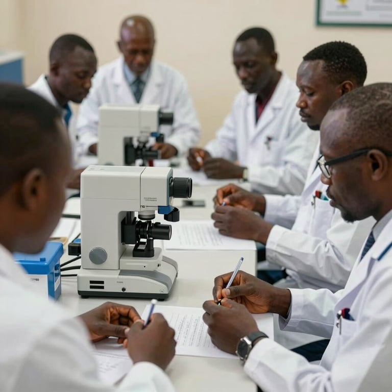 A group of healthcare professionals in Mali attending a technical training session for new laboratory diagnostic tools.
