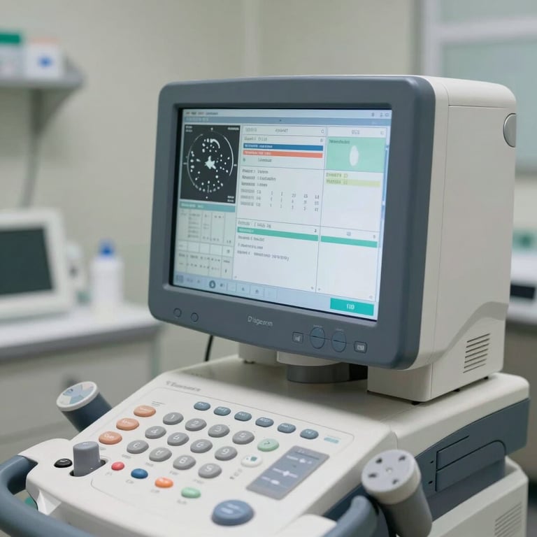 Digital interface of a high-end diagnostic machine showing clear medical data in a professional clinical environment.