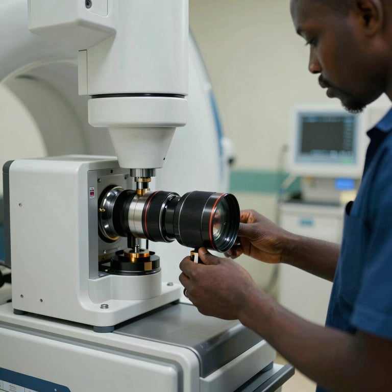 Precision maintenance being performed on a complex medical imaging device by a specialist in a West African hospital setting.