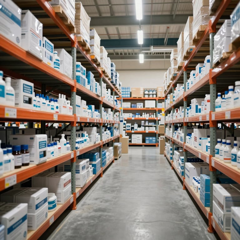 Interior of a modern distribution warehouse in Mali, showing organized shelves of biomedical equipment under bright, clean lighting.