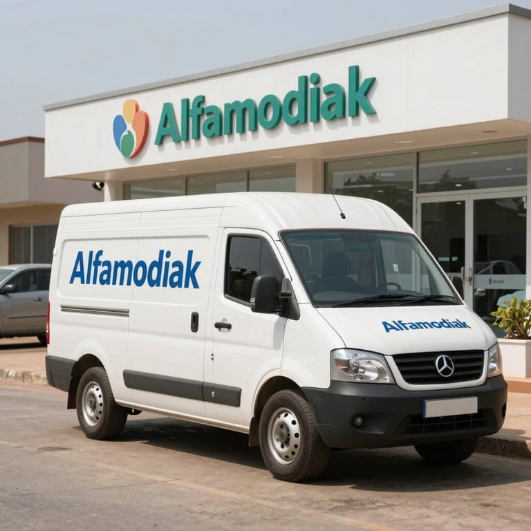 A branded Alfamodiak delivery vehicle parked in front of a modern health clinic in Bamako during a bright day.
