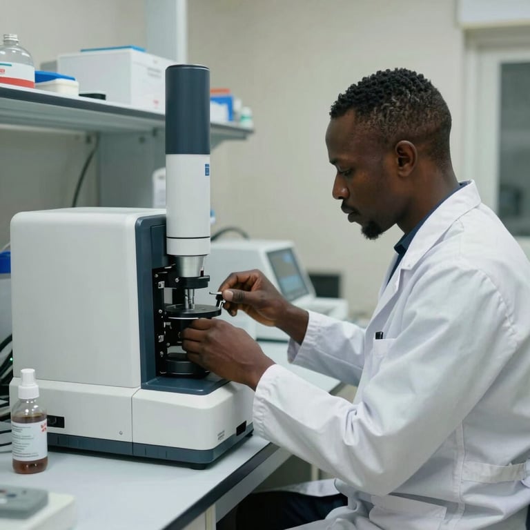 A West African technician in a professional white coat calibrating a high-precision hematology analyzer in a bright Malian lab.