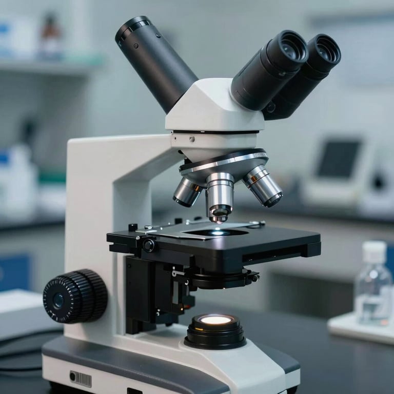 Detailed shot of a modern laboratory microscope used for diagnostic analysis in a professional Malian research center.