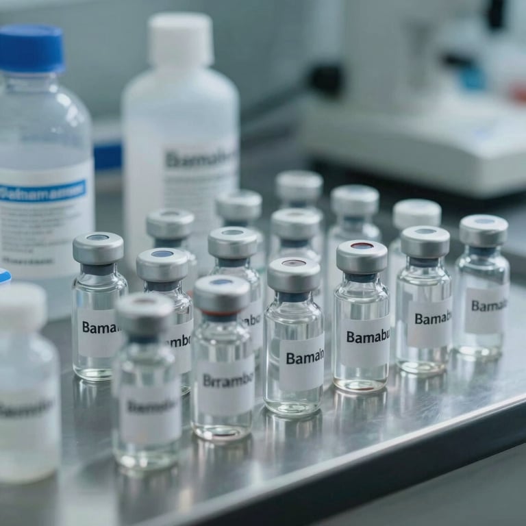 Close-up of sterile medical consumables and glass vials neatly arranged on a steel laboratory bench in Bamako.