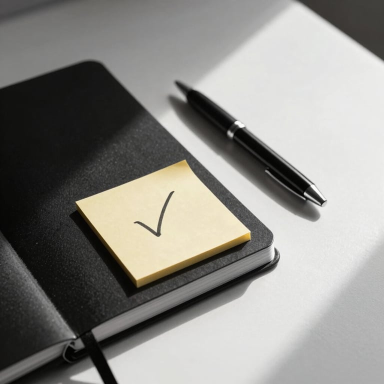 A clean minimalist desk with a black notebook, a sleek pen, and a single yellow post-it note with a hand-drawn checkmark, sharp natural light, high-contrast monochrome.