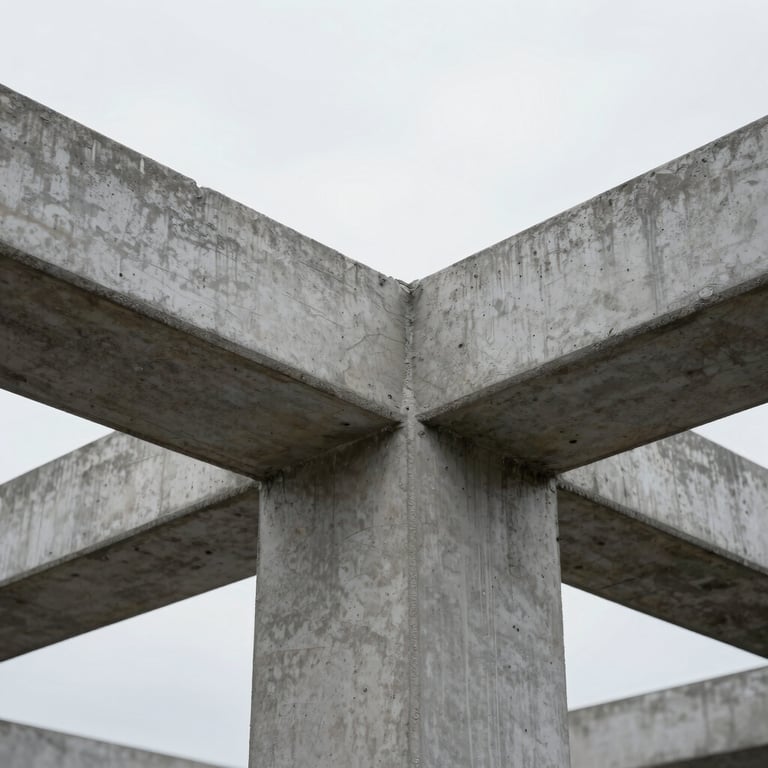 Extreme close-up of a structural steel join and raw poured concrete texture, high-contrast overcast daylight, architectural minimalism