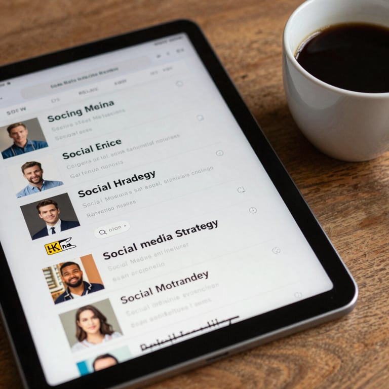 Close-up of a digital tablet showing a social media strategy layout next to a cup of black coffee on a wooden desk.