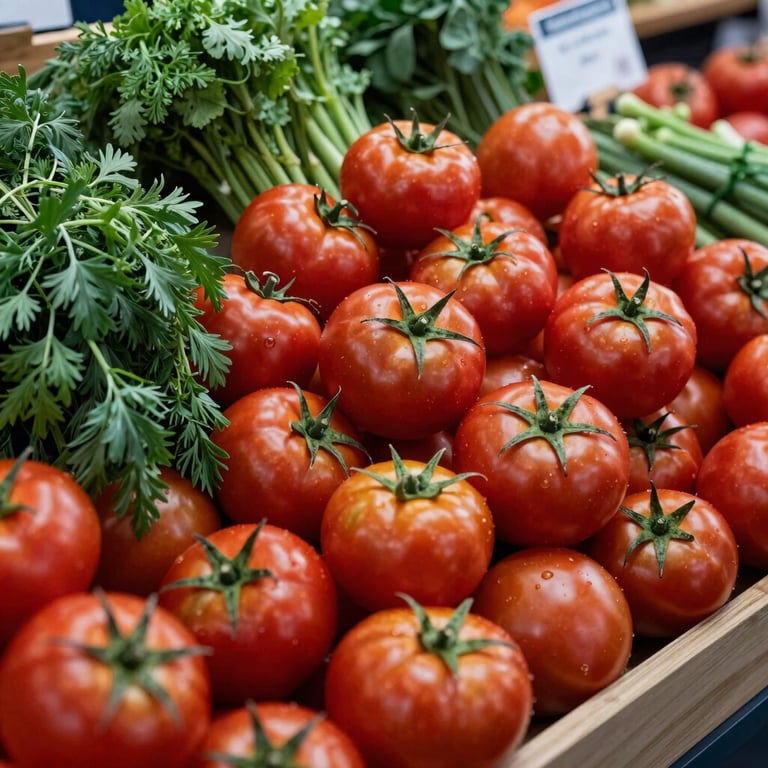 A vibrant display of deep ripe crimson tomatoes and green herbs at a clean, modern urban food market.
