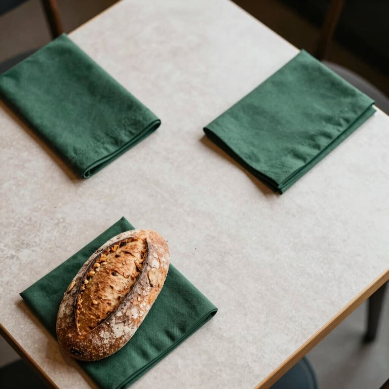 A top-down view of a crisp parchment table setting with matte forest green napkins and artisanal bread in a modern Scandinavian cafe.