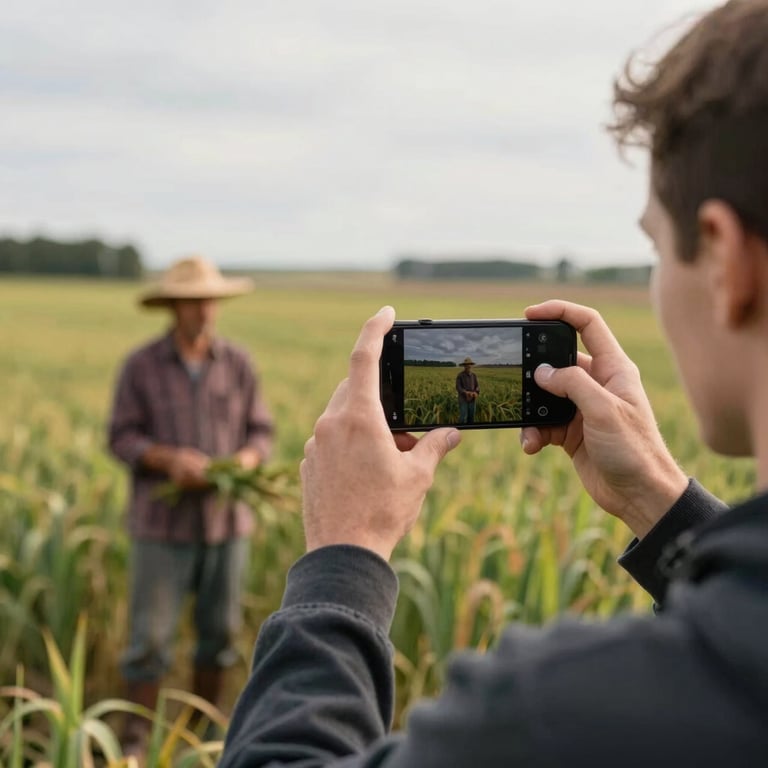 A behind-the-scenes shot of a content creator using a smartphone to film a local farmer in a Northern European field.
