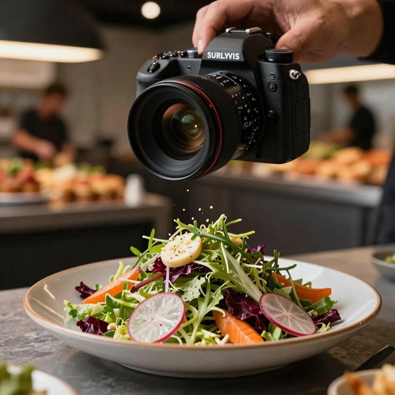 A professional camera focused on a beautifully styled seasonal salad, with a blurred background of a bustling food studio.