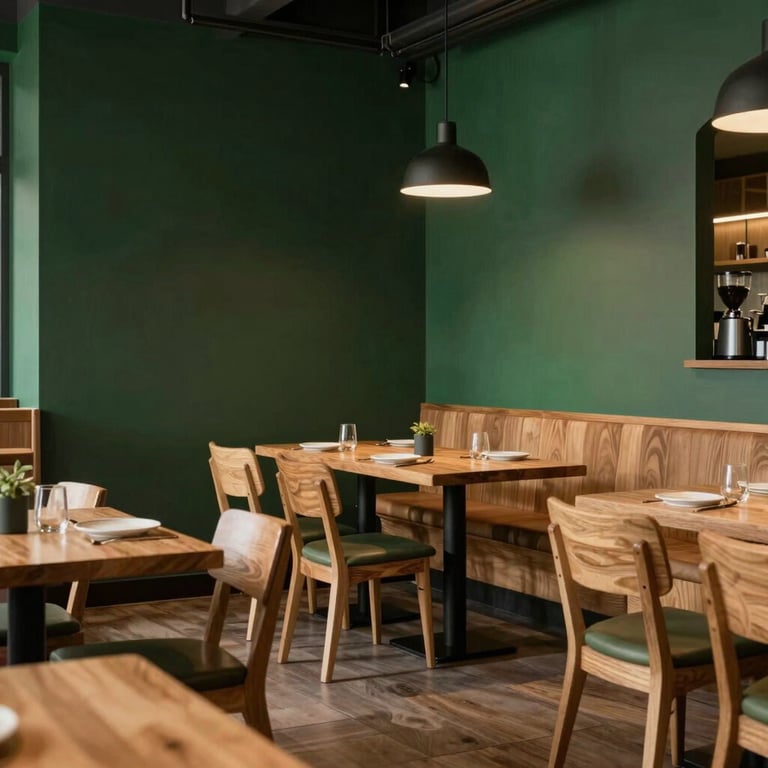 A stylish restaurant interior featuring dark green walls, light wood furniture, and warm ambient lighting.