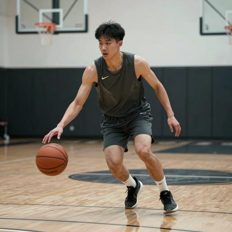 A focused male basketball player in a dark grey jersey practicing dribbling drills on a polished court in a North American facility, cinematic lighting.