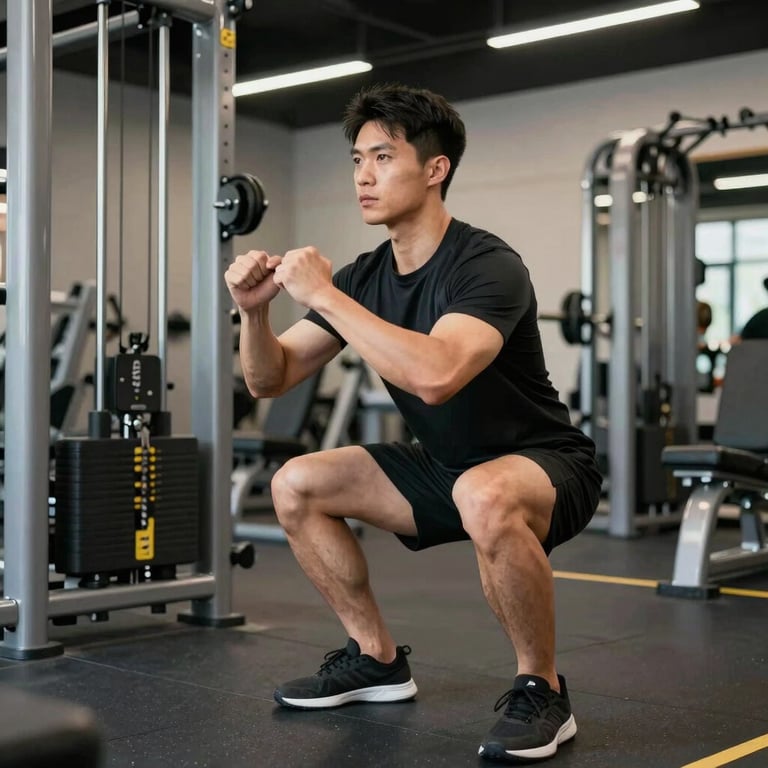 A male trainer demonstrating proper squat form in a professional, bright US fitness studio with silver and charcoal equipment.