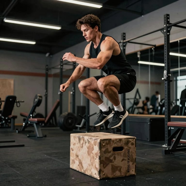 A male performer doing explosive box jumps in a sleek gym, side profile, capturing strength and agility in a premium setting.