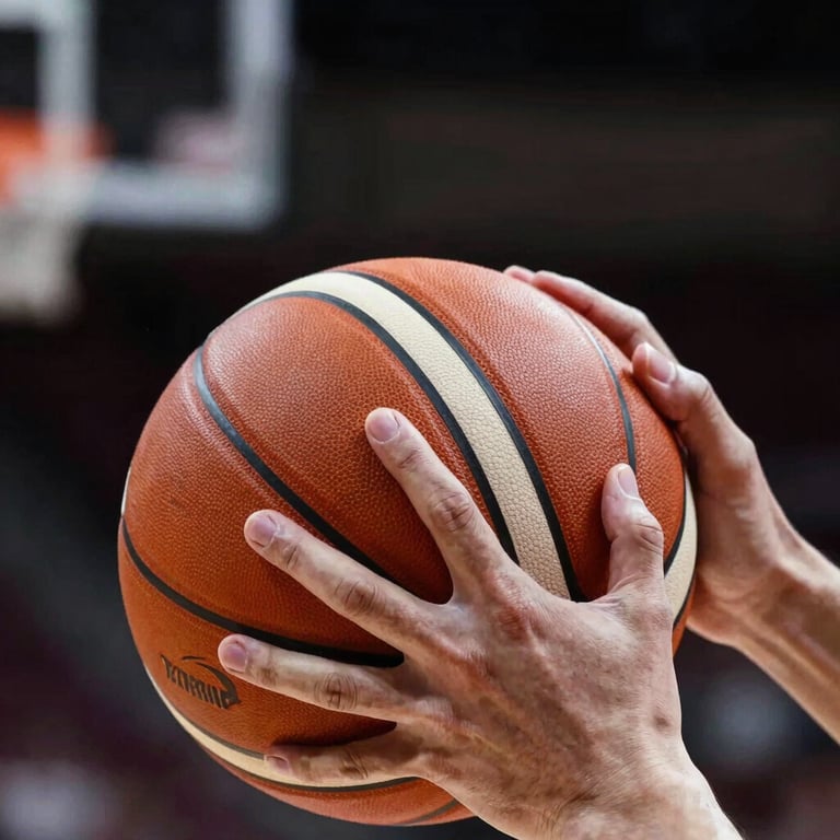 Detailed close-up of a male athlete's hands adjusting a basketball, focused on the textures of the leather and the premium athletic environment.