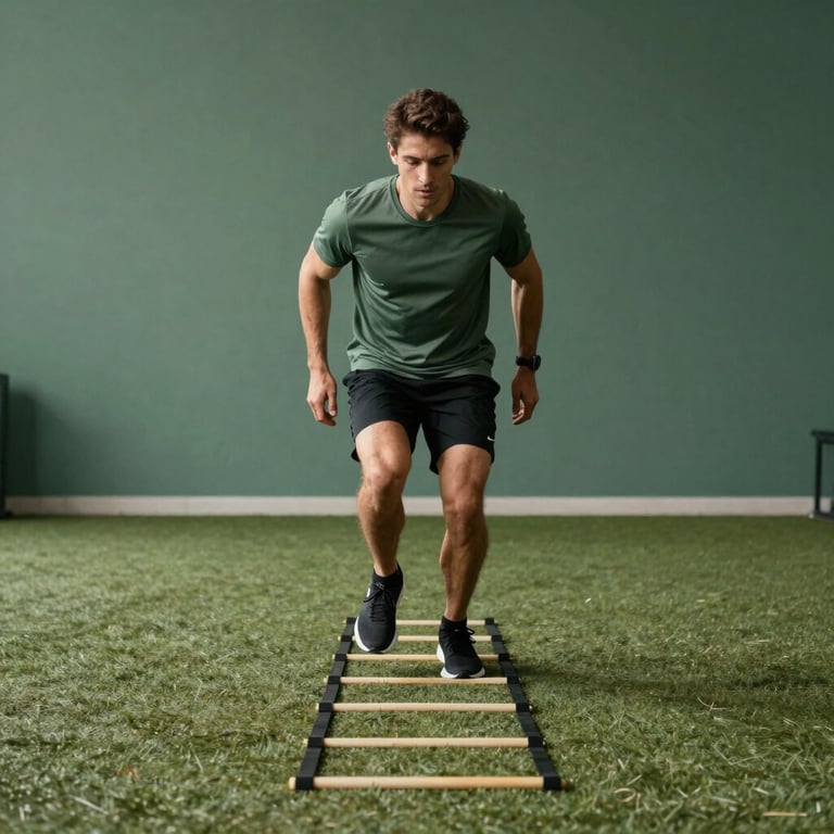 Wide shot of a male athlete performing speed ladder drills on turf, muted green accents, clean modern composition.