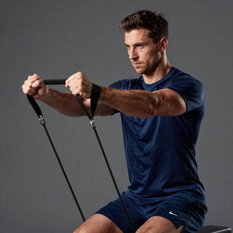 A male athlete in deep blue training gear doing resistance band work, focused expression, high-quality professional photography.