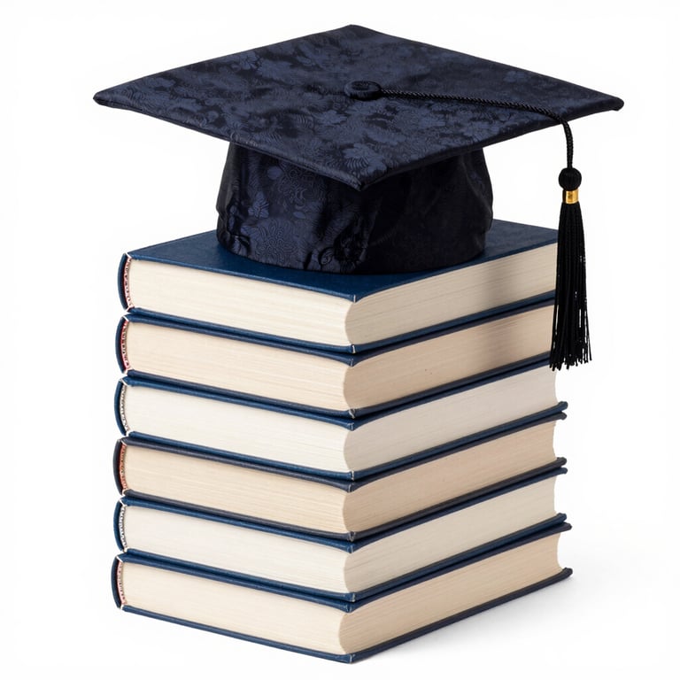 stack of books that looks like dark navy blue looks with a graduation hat on top